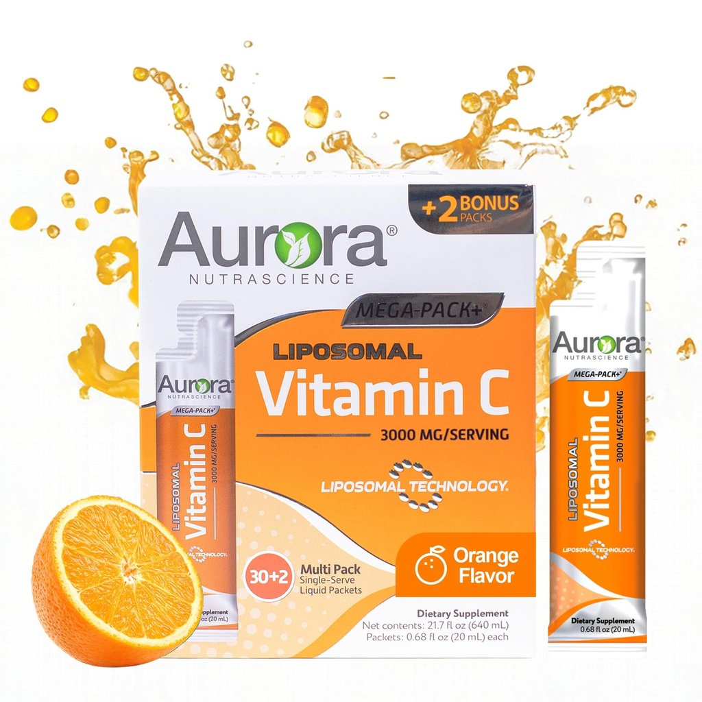 Aurora Nutrascience Liposomal Liquid C-vitamiini - Terveellinen immuuni tuki täydentää aikuisille, sokeriton, 3000 mg per tarjoilu, vegaaninen, gluteeniton, ei-GMO - 32 Single Serve Packets, Orange