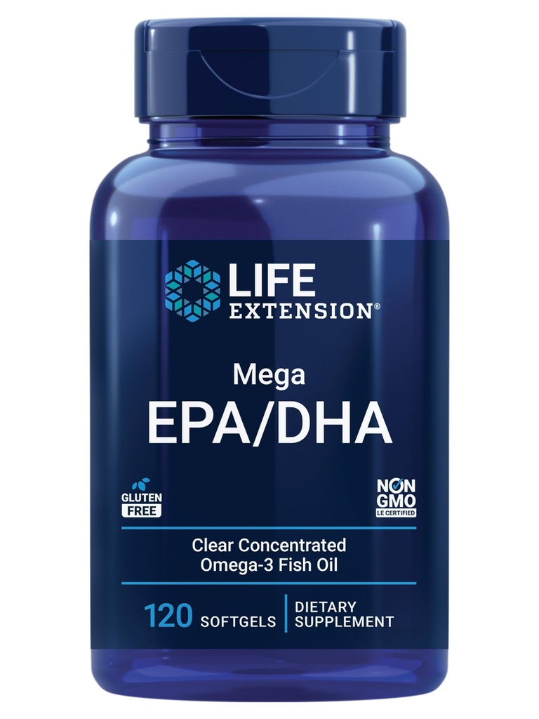 Life Extension Mega EPA/DHA, Omega-3 rasvahapot, Heart & Brain Health, Ei-GMO, Gluteeniton, 120 pehmogeeliä