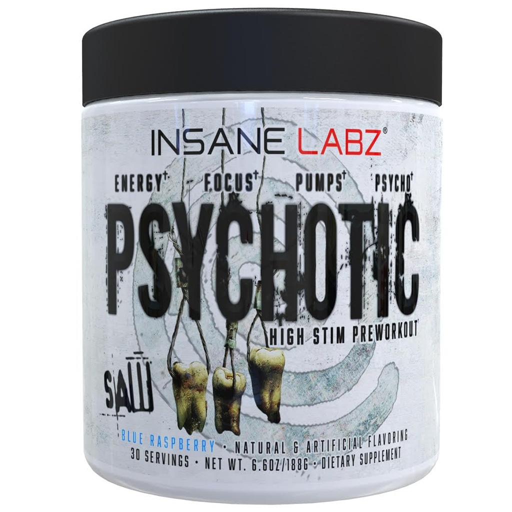 Insane Labz Psychotic SAW, High Stim Pre Workout Powder med OxyGold-TM och AMPiberry®,Extreme Lasting Energy med Teacrine®,Focus med CognitIQ® och Endurance (30 portioner (Pack of 1), Blue Raspberry)