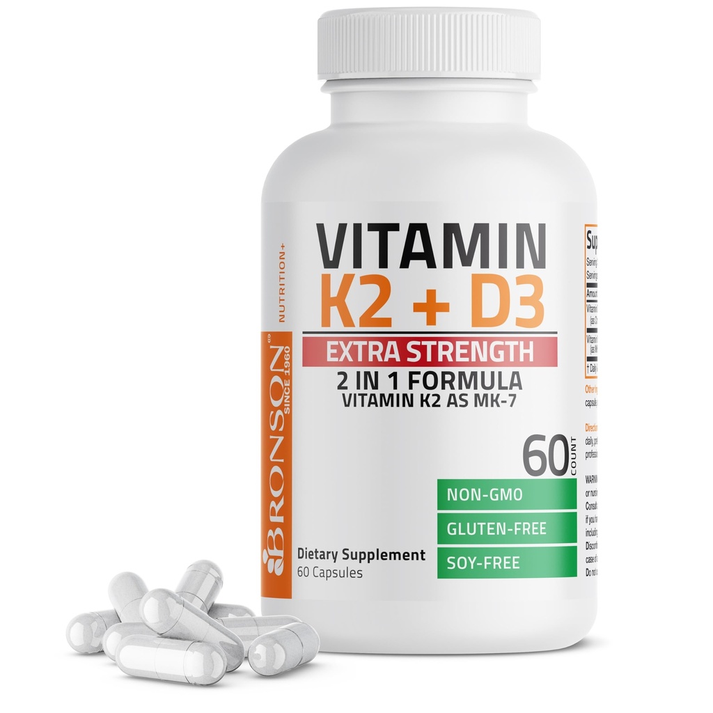 Bronson K2-vitamiini (MK7) ja D3 lisävahvuus täydentää Bone Health ei-GMO Formula 10 000 IU & 120 mikrog MK-7 Helppo niellä D K, 60 kapselia