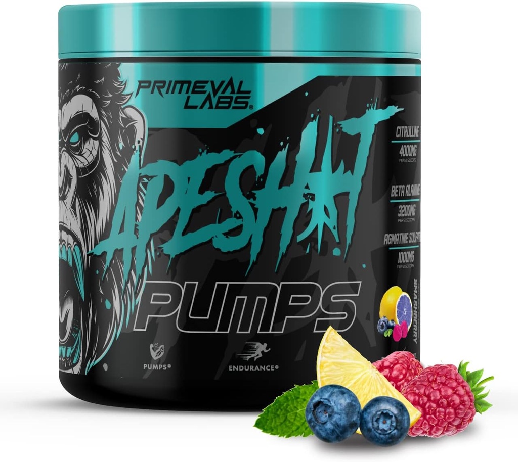 Primeval Labs Ape Pumps PreWorkout Powder för män och kvinnor 40 Servering, Smashberry | Koffeinfri | Nitric Oxide Pump Pre Workout Energy Drink, Intense Pumps, Styrka, Beta Alanine, L Citrulline