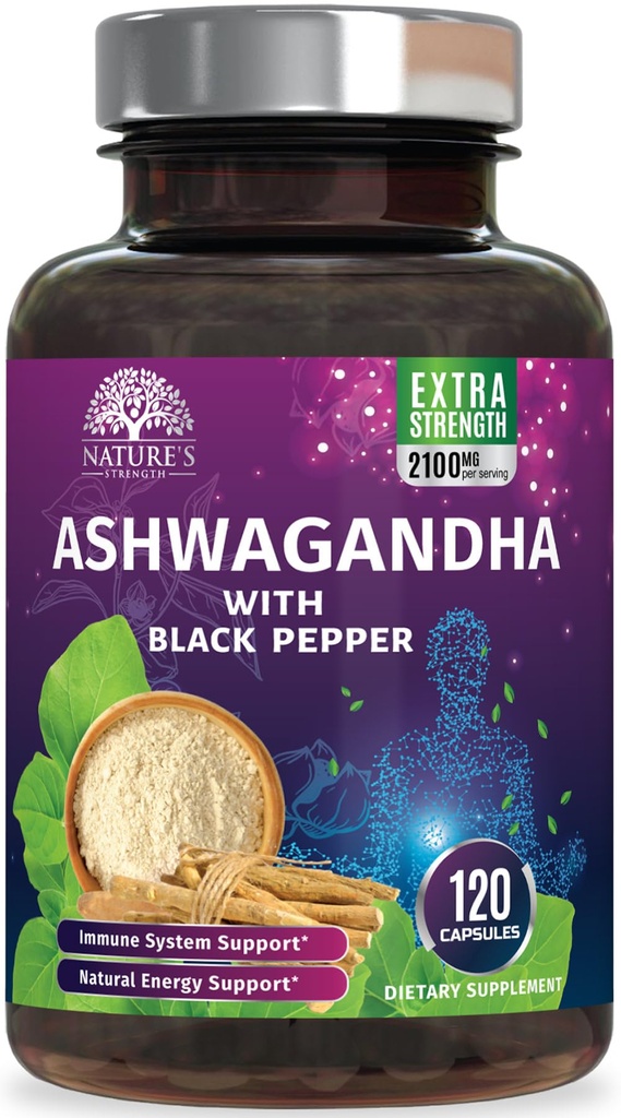 Ashwagandha lisäravinteet 2100mg - Extra Strength Ashwagandha Powder & Root Extract Black Pepper Max Imeytyminen, kasviperäisten antioksidantti täydentää naisten ja miesten, Vegan, ei-GMO - 120 kapselia