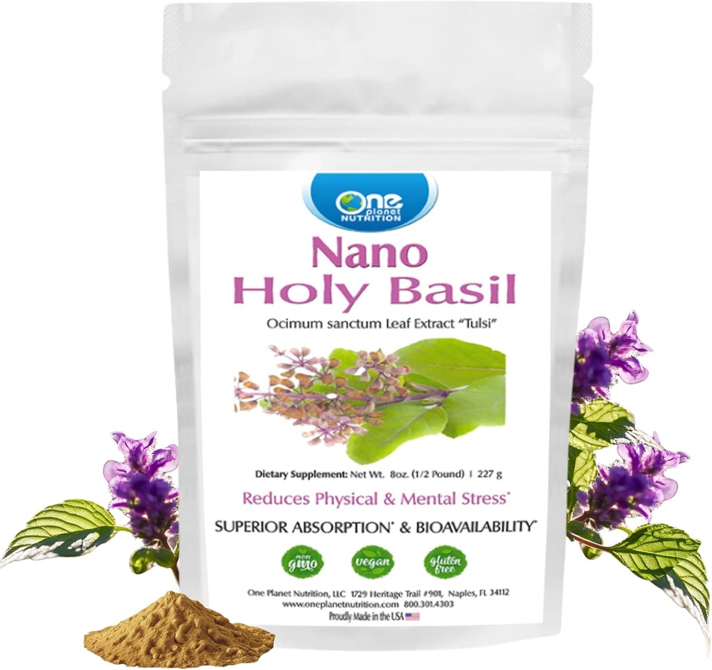 One Planet Nutrition Nano Holy Basil Powder 8 oz (227 tarjoilua), Tulsi, Nano parantaa imeytymistä, tukee stressin lievitystä ja immuunitukea, ei-GMO, Vegaani, Gluteeniton