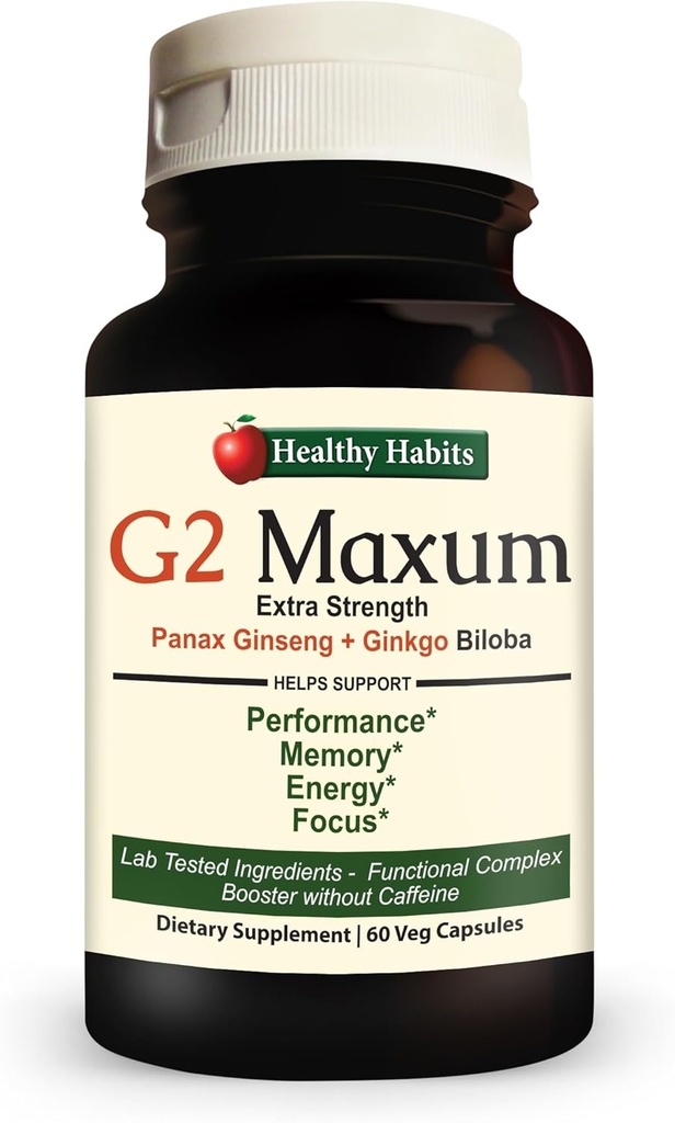 Hälsosamma vanor G2 Maxum Extra Strength Panax Ginseng Plus Ginkgo Biloba Blended för att stödja energi och kognitiv funktion 60 Veg kapslar per flaska