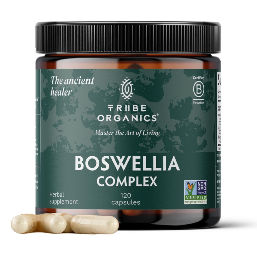 TRIBE ORGANICS Boswellia Serrata Complex Supplement for Joint Support, Muscle Relief - Kasvissyöjä ei-GMO 120 kapselit, High Potency - Boswellin Super inkivääriuute & Black Pepper - 420mg