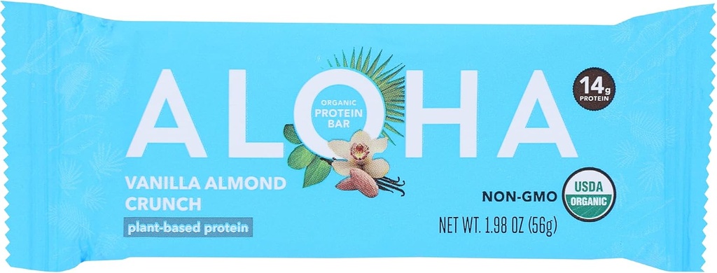 Aloha Organic Vanilla Almond Crunch Protein Bars, 14g Plant-Based Protein, USDA Certified Organic, Gluteeniton & GMO, 1.9 Oz (Pakkaus 12)