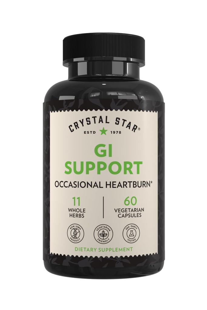 Crystal Star GI Support Supplement (60 kapselia) Se rauhoittaa toisinaan närästystä ja tukee Acid Reflux ... inkivääriä, liukas jalkoväliä ja betaiinia...
