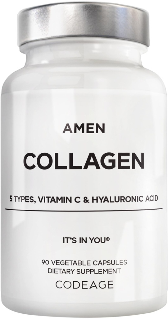 Amen Multi Collagen Peptides Kapselit hyaluronihappo ja C-vitamiini - 5 tyypit Collagen proteiini tyyppi I, II, III, V, X - Grass Fed Hydrolysed - 18 Aminohapot - Collagen täydentää - 90 pillereitä