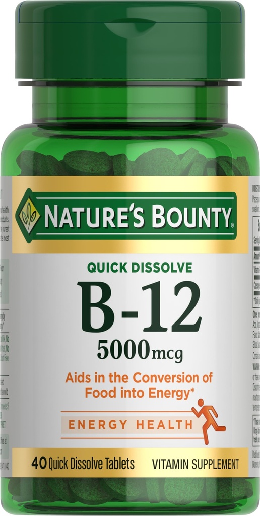 Luonnon Bounty-vitamiini B12, tukee energian aineenvaihduntaa ja hermoston terveyttä, 5000 mcg, 40 nopeasti liuotettavaa tablettia