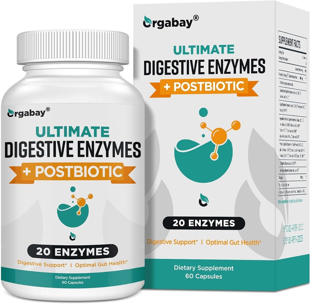 Orgabay Dgestive Enzymes 1000 mg Postbiootit, 20 Enzyme Blend for Bloating, Optimal Digestion ja Gut Function, 60 kasviskapselit