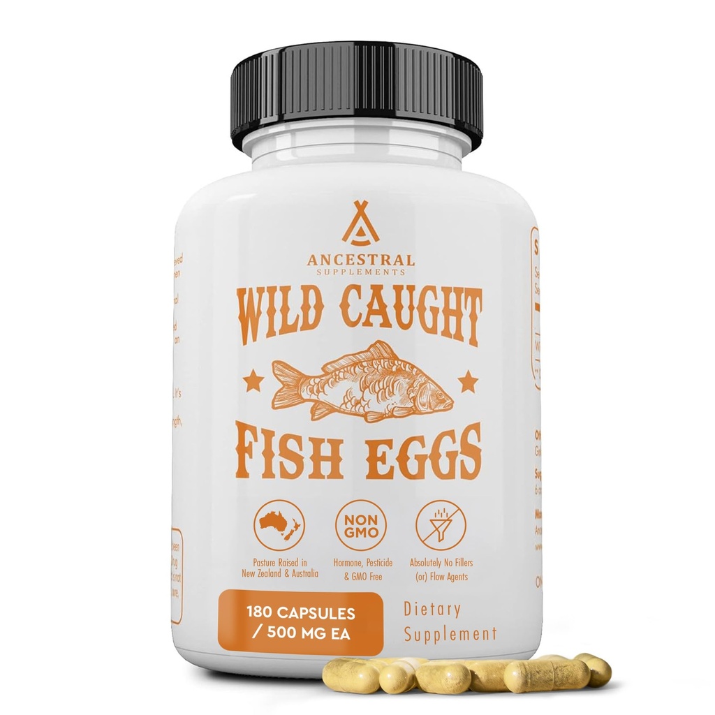 Ancestral Supplements Wild fångade fiskägg, 2400mg, Omega-3 Supplement stöder hjärna, hjärta, fertilitet och inflammatorisk hälsa, hel matkälla av vitamin D, K2 och A, icke-GMO, 180 kapslar