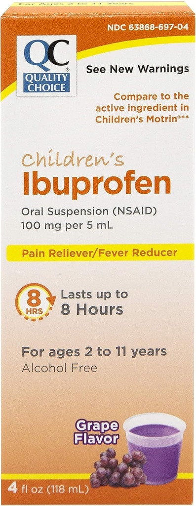 Kvalitetsval Barns Ibuprofen 100mg Oral Suspension, Smärta / Feber Reducer, Grape Flavor 4 FL OZ