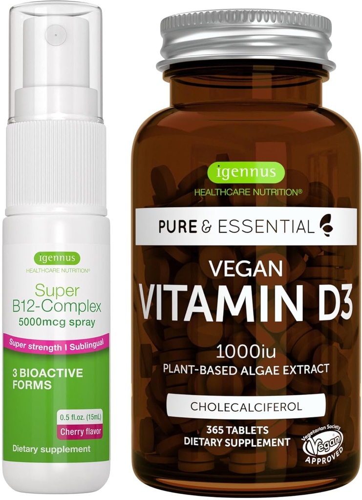 Vegaani D3-vitamiini + Super B12-komplex 5000 mcg Vegaani Bundle, 365 1000iu D3-vitamiinit tabletti + suuri vahvuus B12 kirsikka maku Sublingual Spray, kirjoittanut Igennus