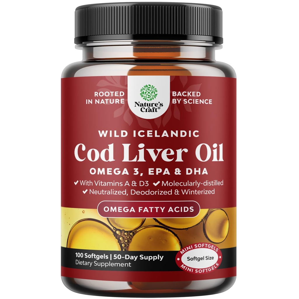 Icelandic Wild Caught Cod Liver Oil Softgels - Fish Omega 3, EPA, DHA, Vitamin D & A, 1000mg Per Servering - Burpless Capsules för Hjärta, Gemensamt, Brain & Immune Support - 100 Count