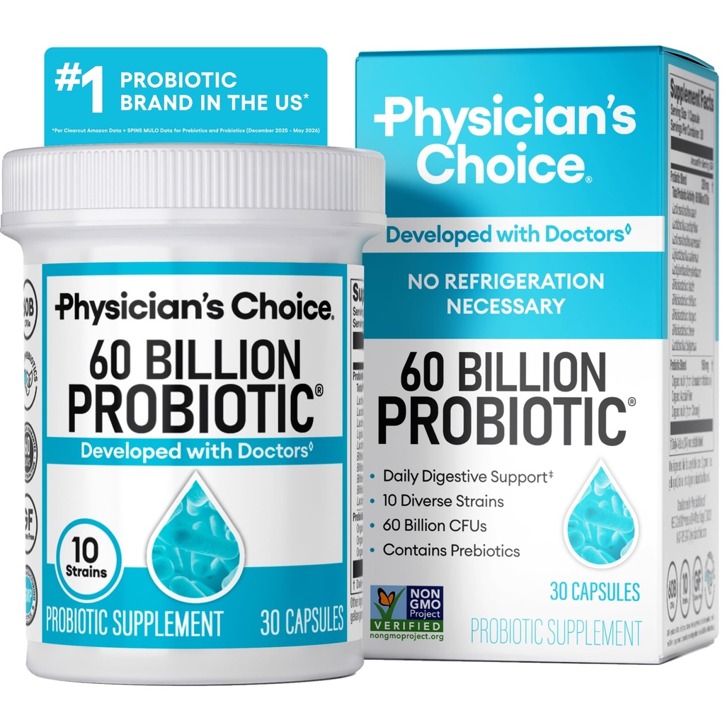 Läkares valprobiotika 60 miljarder CFU - 10 stammar + organisk prebiotika - Immun, Digestive & Gut Health - Stöder Occasional Constipation, Diarrhea, Gas & Bloating - för kvinnor och män - 30ct