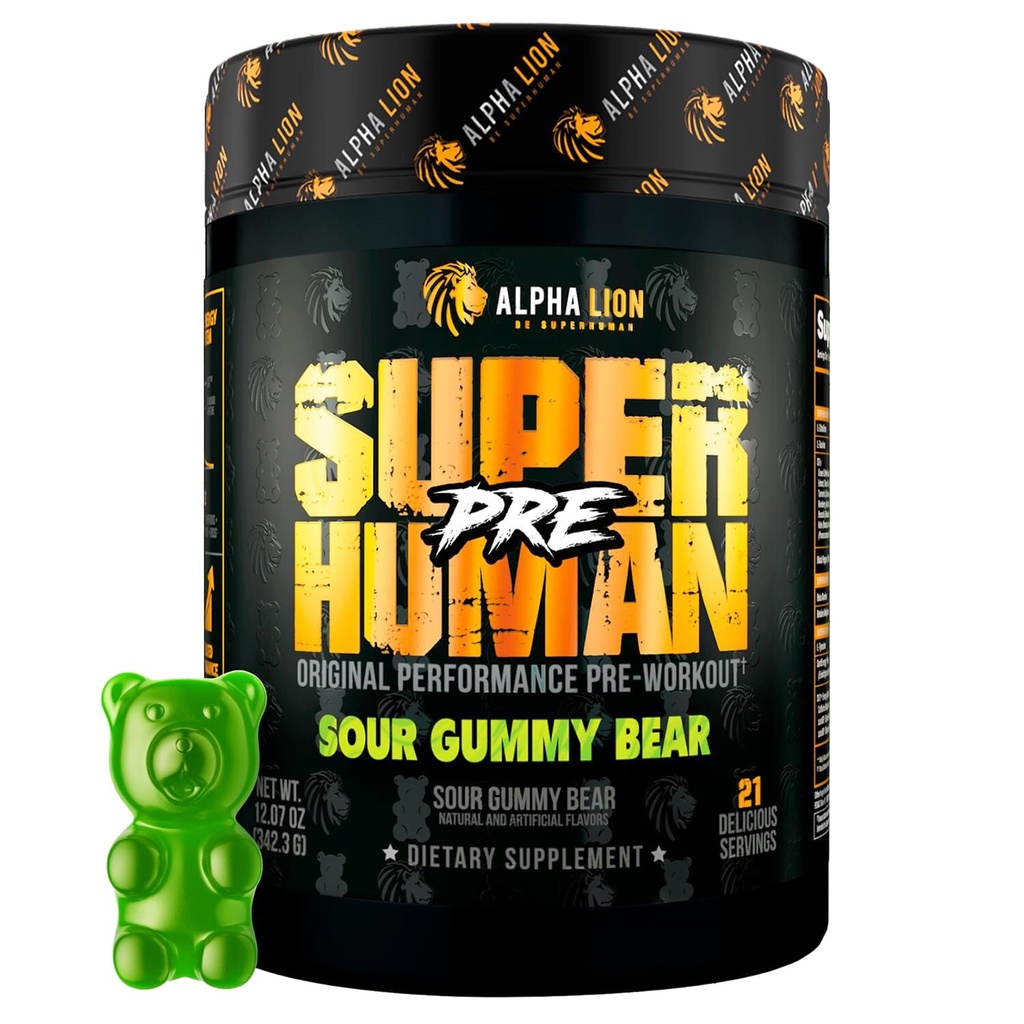 AAKKOSELLINEN LION Superhuman Pre Treenout Powder, Beta Alanine, L-Taurine & Tri-Source Kofeiini kestävä energia & Focus, typpioksidi & Sitruliini pump (21 tarjoilua, hapannaamakarhun maku)