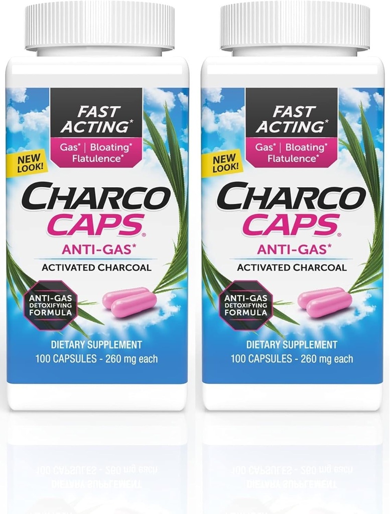 Charcocaps Nopeasti vaikuttava kaasu helpotus turvotusta ja ilmavaivoja, huumeeton detoxyfying Active Charcoal Formula, 100 kapselia, 30 päivän toimitus, vaaleanpunainen- pakkaus 2