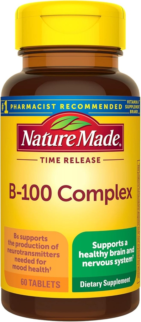 Nature Made Time Release B-100 High Potency B Complex, Ravintolisä hermoston toimintaa tukea, 60 Aikarelease tabletit, 60 päivän tarjonta