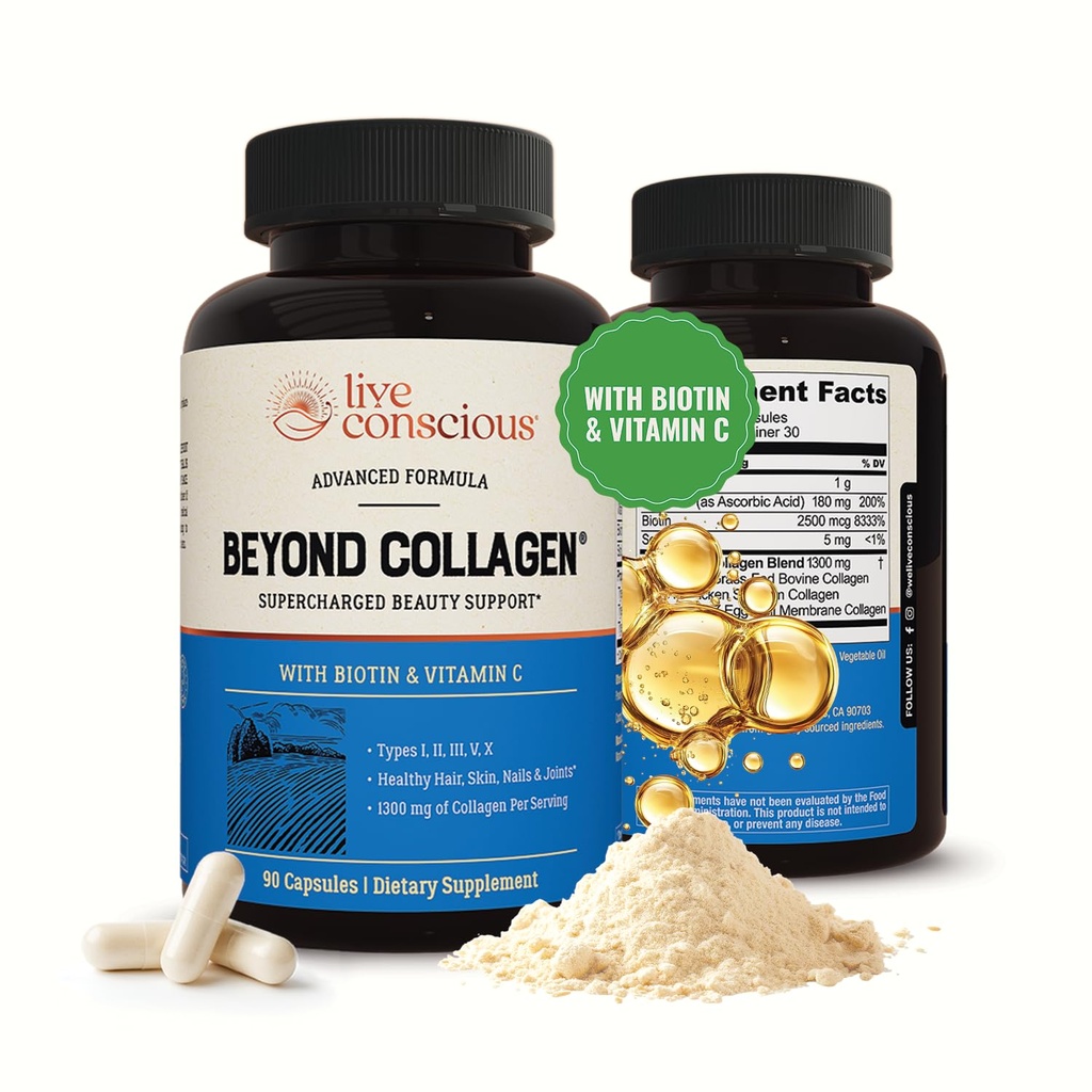 Live Tietoinen Collagen Multi Collagen Kapselit - tyypit I, II, III, V & X - Hydrolysoitu Blend Biotiini & C-vitamiini hiukset, iho, kynnet 90 kapselia