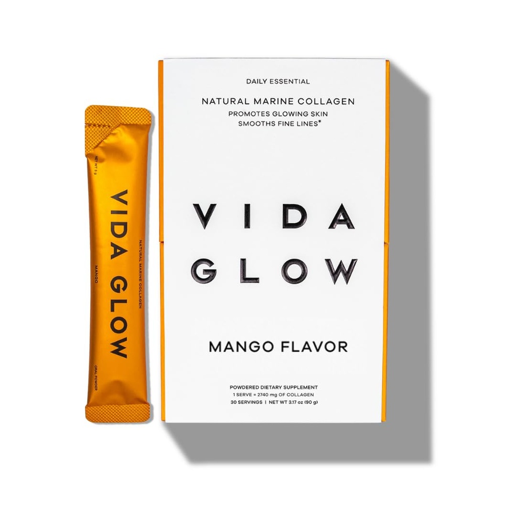 Vida Glow Marine Collagen Powder - anti-ikääntymistä täydentää Collagen Peptides, edistää hehkuvaa ihoa, vahvat kynnet, terveet hiukset 30 tarjoilua, mango maku