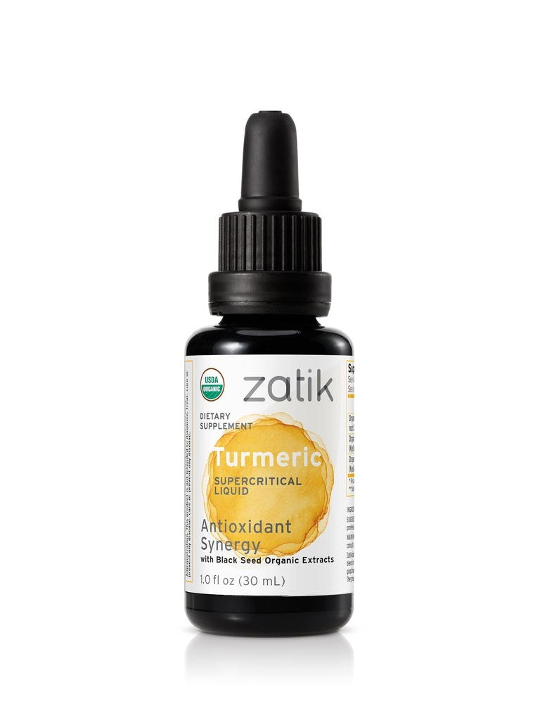 Zatik Naturals - Gurkmeja Supercritical Liquid Synergy med Black Seed Organic CO2 Extract, Antioxidant, Cold Pressed, Unrefined Oil, Vegan, Non-GMO, Organic, 1,0 fl oz.