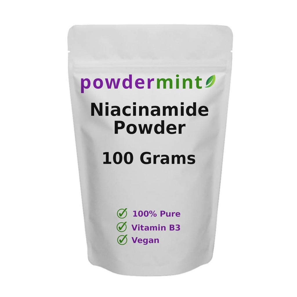 Niasinamidi Kuiva- aine (Vitamin B3) Puhdasta niasiinijauhetta 500 mg flunssatonta lisäainetta (100 grammaa)