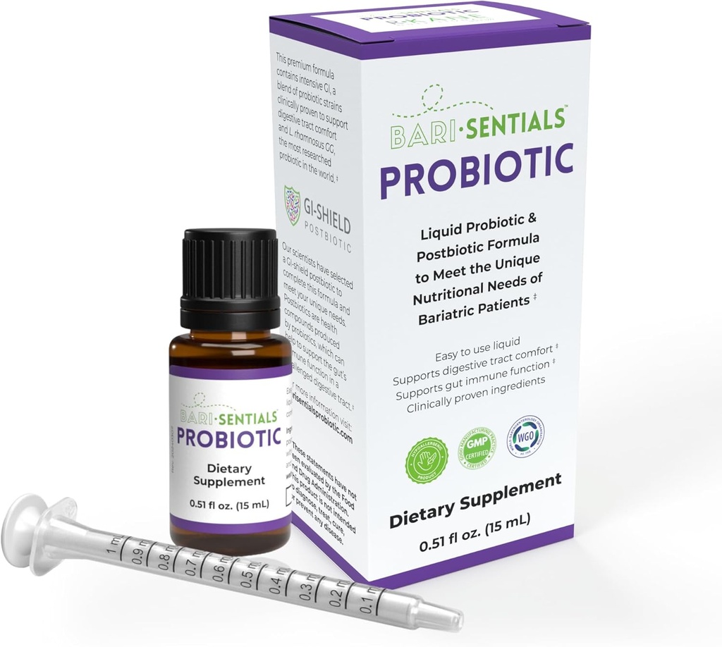 Barisentials Bariatric Liquid Probiootti ja Postbiotic Premium Formula - Kliinisesti tutkittu - Essential for Dgestive Health and Immunomy Post-Surgery, Alhainen tilavuus annos, 15ml