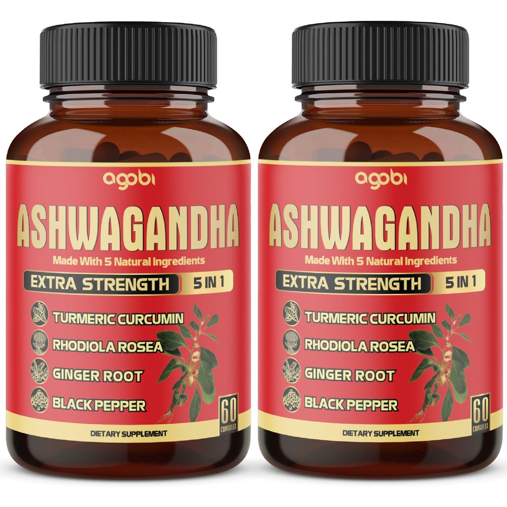 2 pakkausta - 60 kapselia Ashwagandha kapselit - korkea voide - 5in1 Formula Ashwagandha, Turmeric, Rhodiola Rosea, inkivääri, mustapippuri - 4 kuukauden toimitus