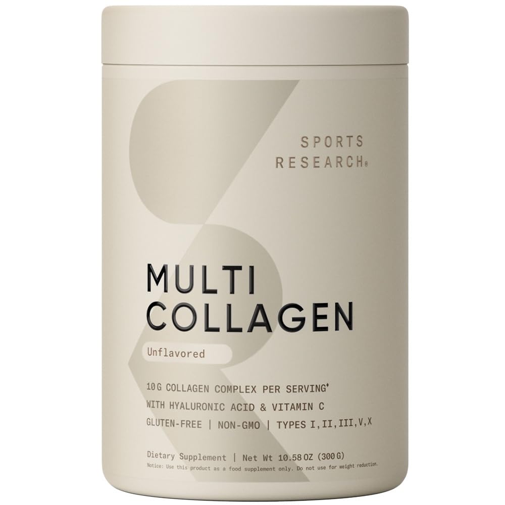 Sports Research Multi Collagen Protein Powder (tyyppi I, II, III, V, X), jossa on hyaluronihappoa + C-vitamiinia 5 Ruokatyypit Kollageeni, 30 Tarjoilua (ei maustettu)