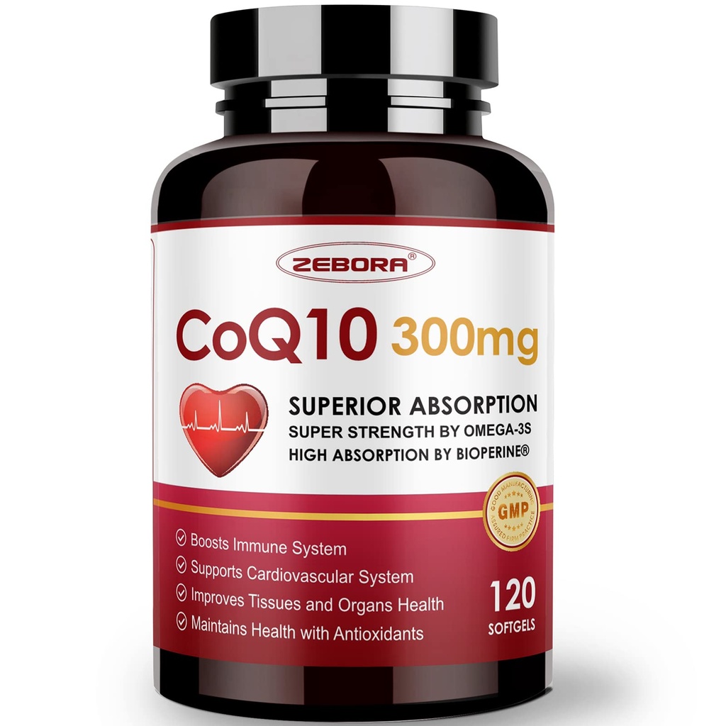 ZEBORA CoQ10-300mg-Softgels med PQQ, BioPerine & Omega-3, 120 Serverings Coenzyme Q10 (Ubiquinone) Supplement för High-Absorption, Powerful-Antioxidant, Support Heart-Health & Energy-Production