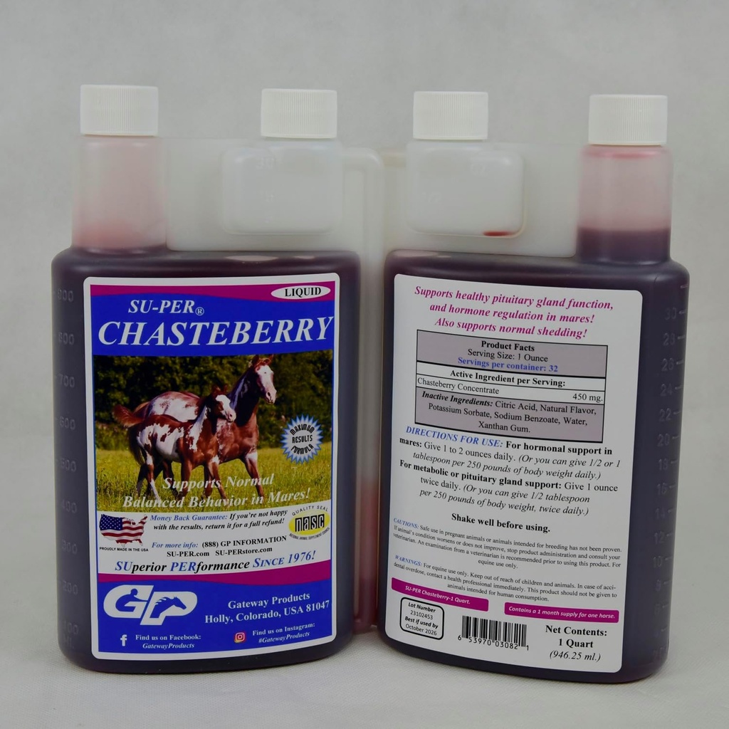 SU-PER Chasteberry Supplement för hästar - Stöder Hormonförordning och hälsosam hypofysfunktion i Mares - Chasteberry för hästar - 1 kvart, (2 Pack)