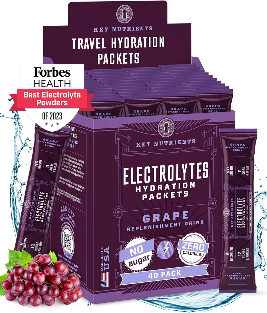 Avainaineet Elektrolyytit Powder Packets - Fruity Grape 40 Pack Hydration Packets - Travel Hydration Powder - Ei sokeria, ei kaloreita, Gluteeniton - Valmistettu USA