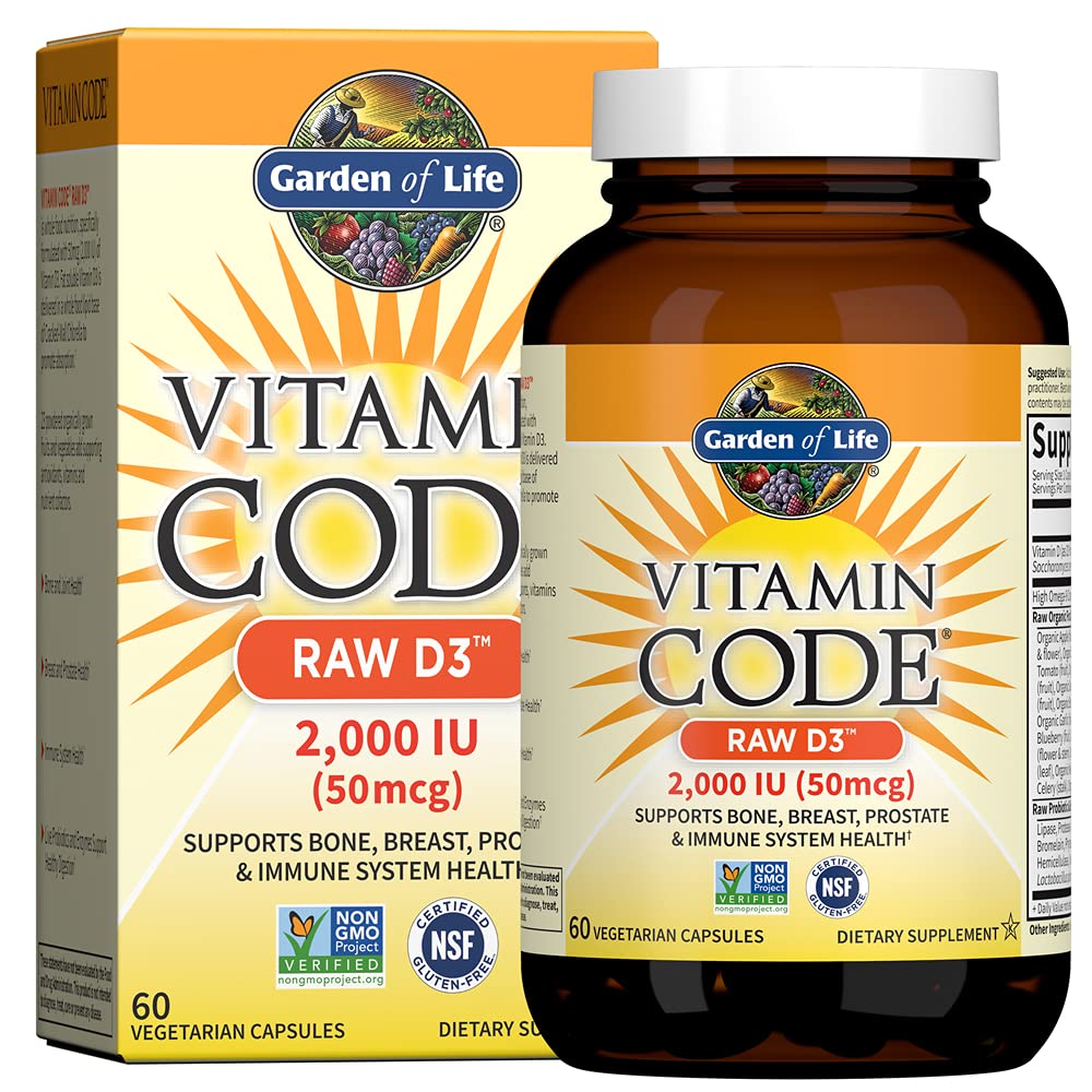 Garden of Life Vitamin D, Vitamin Code Raw D3, Vitamin D 2 000 IE, Raw Whole Food D3 Supplements with Chlorella, Fruit, Veggies & Probiotics for Bone & Immune Health, 60 Vegetariska kapslar