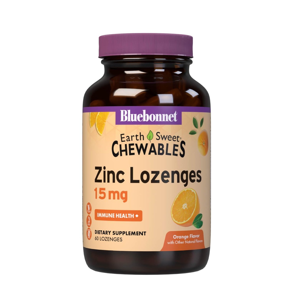 Bluebonnet Nutrition Earthsweet Zinc Lozenges 15mg Chewables, Plus 100mg av vitamin C, Soy-Free, Gluten-Free, Kosher Certified, Dairy-Free, Vegan, Orange Flavored, 60 Lozenges