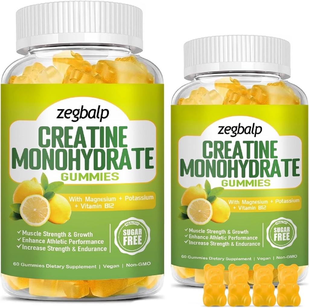 Sokeriton kreatiini Monohydraatti Supplement Gummy for Men & Women Creatiini Monohydraatti magnesium & B12-vitamiinia lihaksen vahvuus & kasvu, energia Boost, Pre-Workout täydentää, 120 kreatiini