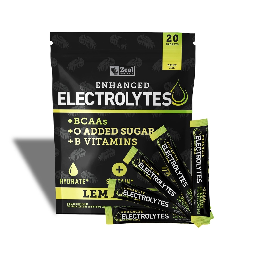 Parannetut Elektrolyyttijauheen Stick Packs (Sitruunan kalkki 20 pakkausta) w/ 0 Sokeri + bakteerit + BCAA: t + B- vitamiinit Elektrolyytti täydentää w Kaliumsinkki ja magnesium nesteytystä varten - Keto Elektrolyytit
