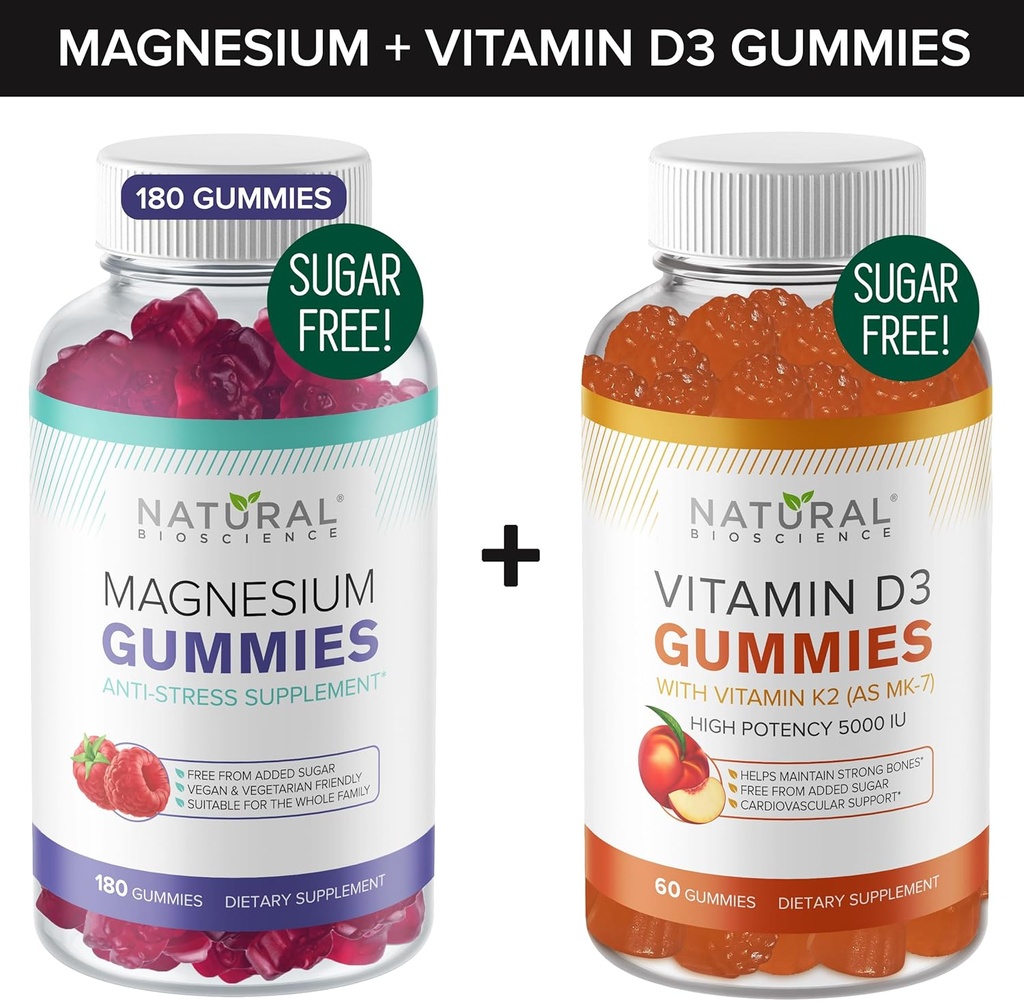 Sokerittomat magnesiumtikut (180 gammia) ja sokerittomat D-vitamiinitikut (60 gummia)
