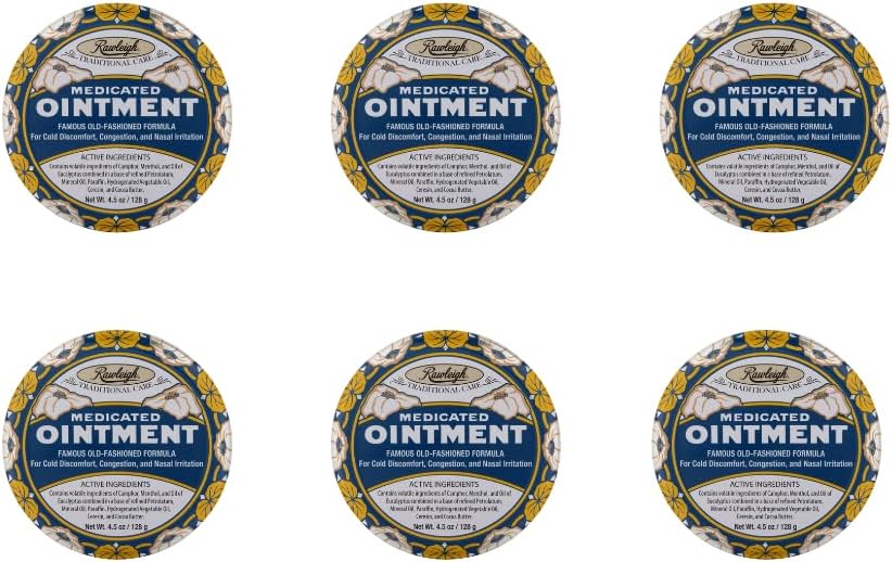 Rawleigh Medicated Ointment: 4.5 oz Blue Tin, Topical Chest Rub för Cold, Nasal Congestion, Minor Aches och Pain, med Camphor, Menthol & Eucalyptus, Non-Greasy Formel - Pack med 6
