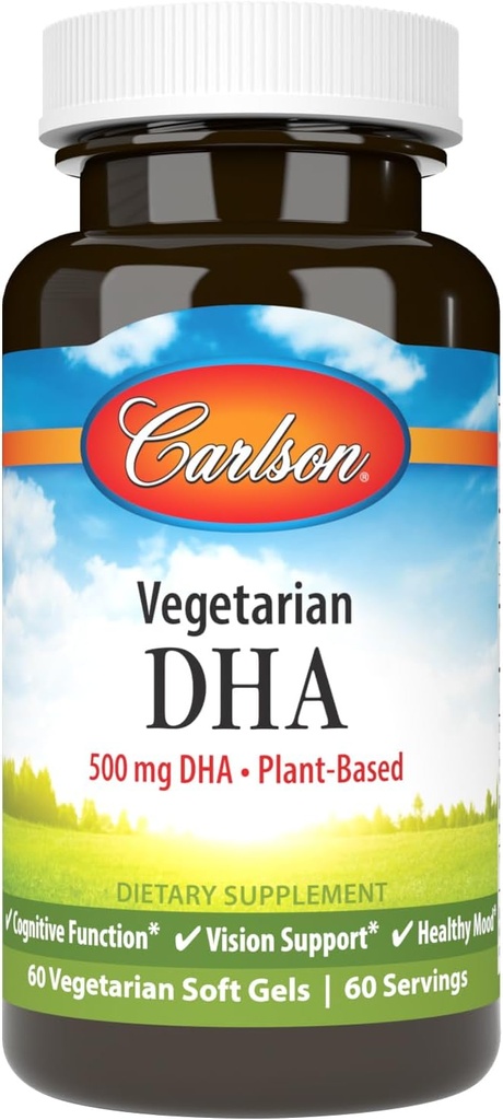 Carlson - Vegetarisk DHA, 500 mg DHA, växtbaserad, hållbart källad från Alger, hjärnstöd, humörhälsa, 60 Softgels