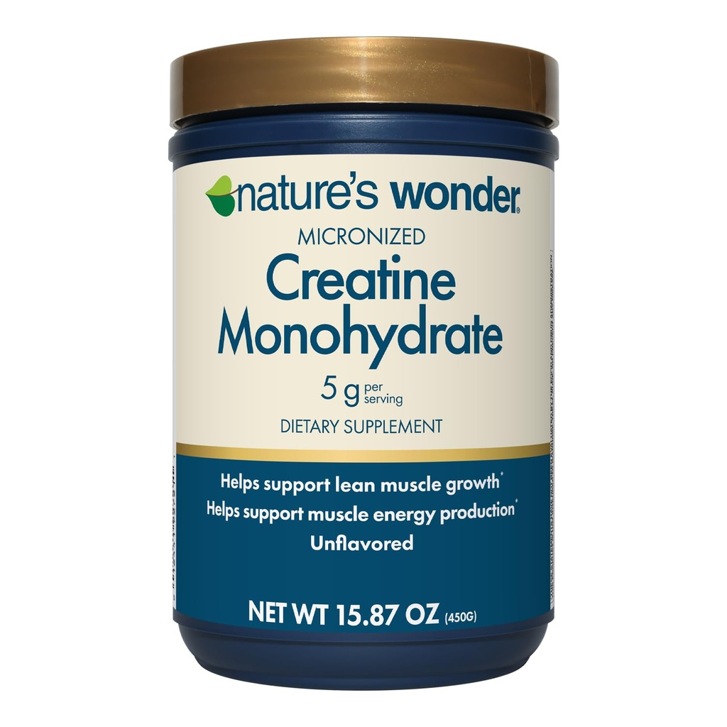 Naturens Wonder Micronized Creatine Monohydrate Powder 5g, Muscle Health, Muscle Energy Production, No Lactose, 5g Micronized Kreatinpulver per Servering, 450G, 90 portioner