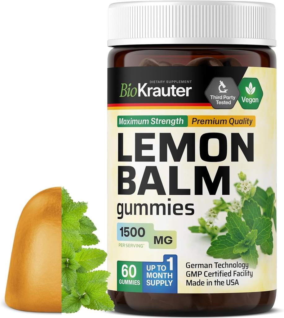 BIO KRAUTER Lemon Balm Gummies - 1500 mg Vahvuus - 60 Vegan Chews - Rauhallisuus Tuki - Sitruuna Balm Leaf Extract - Liivate-vapaa