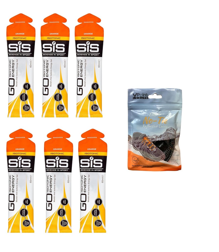 Vetenskap i Sport GO Isotonic Energy Gels - 6 x 60ml Packs Bundle med Elastic No-Tie Shoe Laces. Vegan, Lactose Free, Gluten Free, Wheat Free, Nut Free, SOYA Free (Orange)