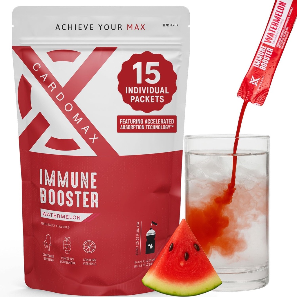 CardoMax Immuniteetti Booster Liquid Drink Mix Ginseng ja C-vitamiini lapsille ja aikuisille, Immuuni tuki täydentää energiaa ja hyvinvointia, Watermelon maku, 15 Single-Serve Liquid Stick Pack