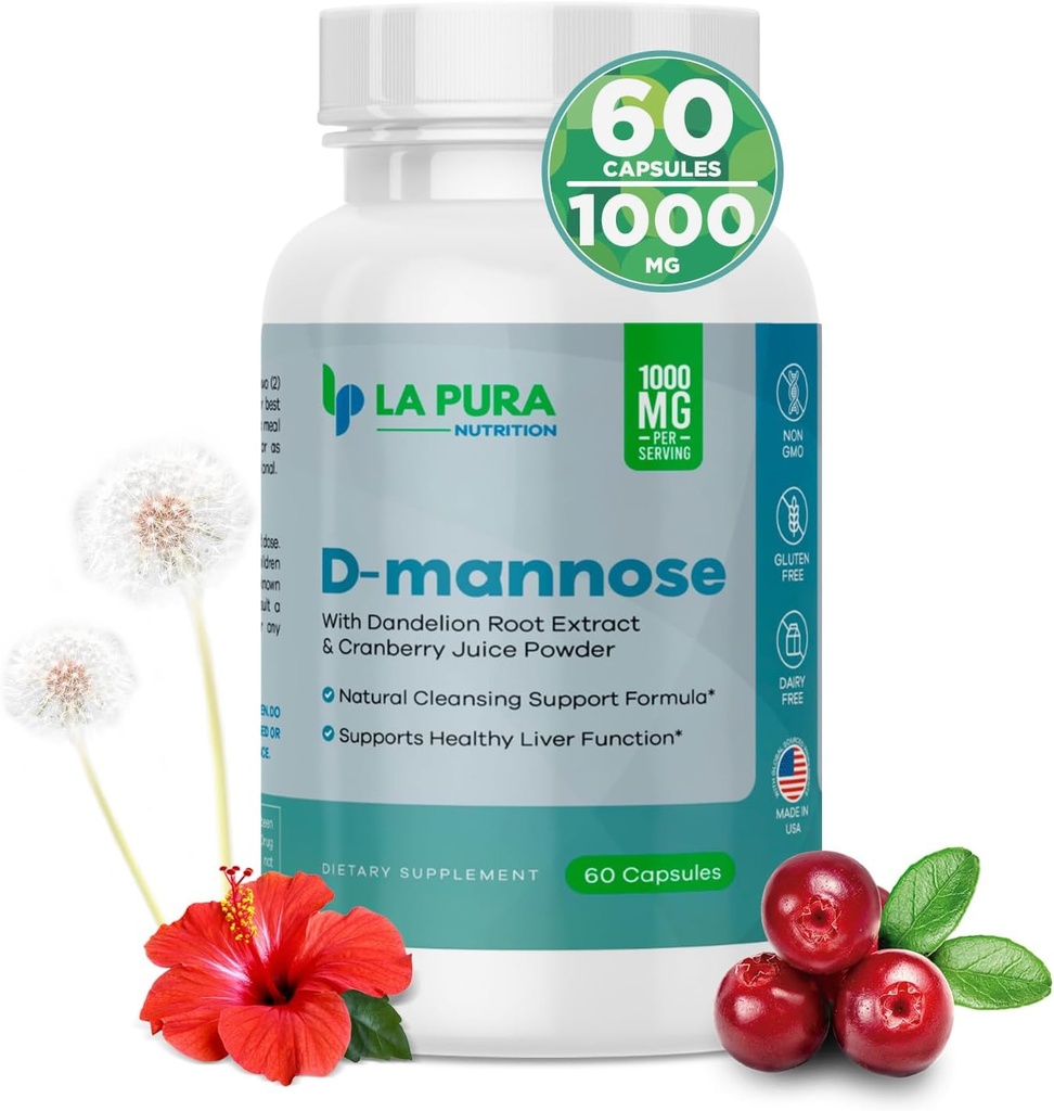 LaPura D-mannoosi 1000 mg lisäravinteena karpalomehujauhe, Hibiscus Flower & Voikukkauute, 60 kapselia - luonnollinen puhdistus tuki, terve maksa, rakko, virtsateiden toiminto