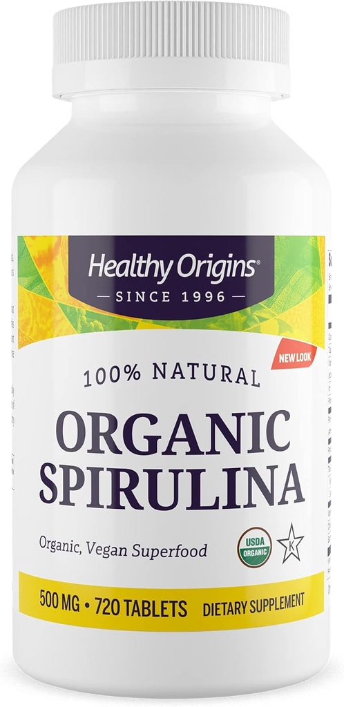 Terveellinen alkuperä Organic Spirulina 500 Mg (Organic Certified, Kosher Certified, Natural, Non-GMO, Gluteeniton, Vegan Superfood), 720 tablettia