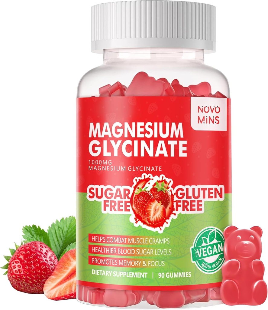 90 CT Magnesium Glycinate Gummies - Sokeriton Magnesium Kaliumlisä D-vitamiinia, B6, CoQ10 rauhoittaa mielialan ja uni tuki - 90 mansikka Gummies