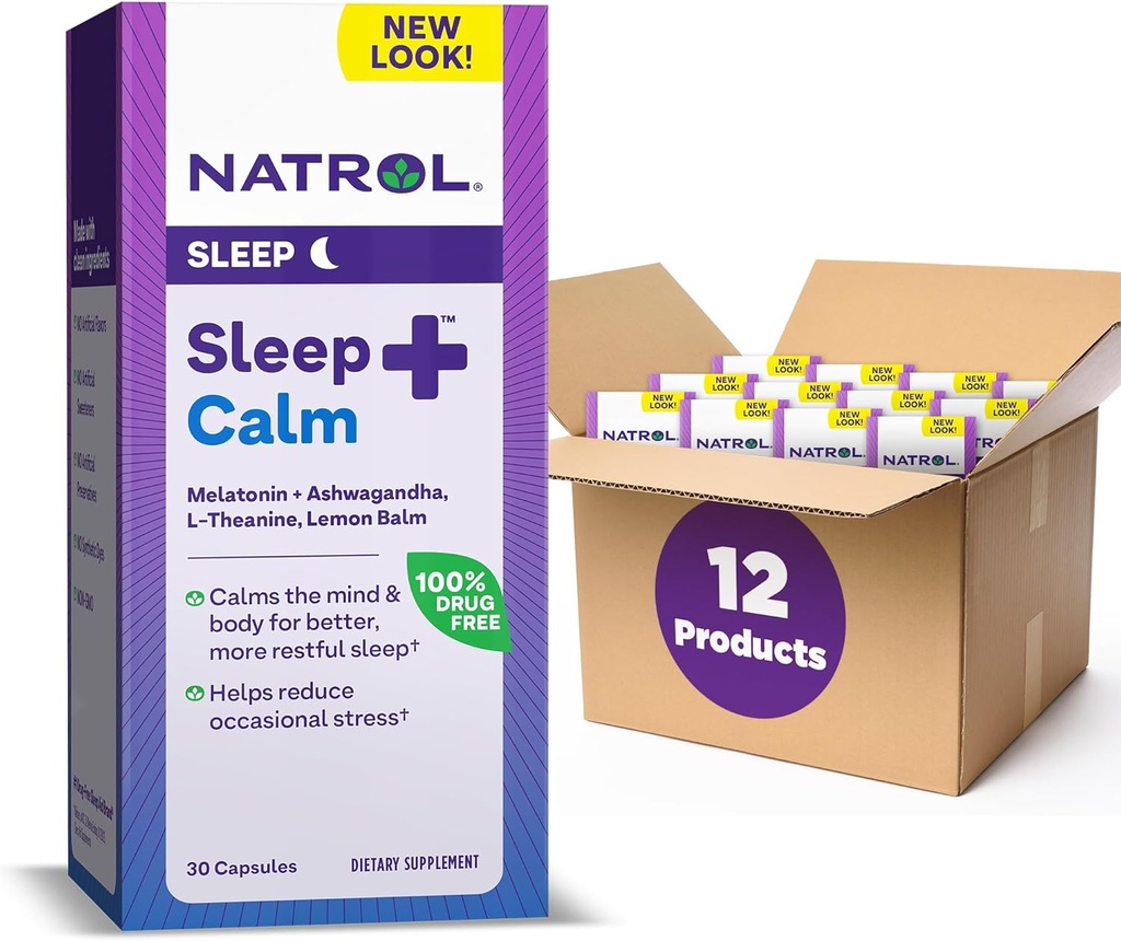 Natrol Sleep + Calm Melatonin 6mg med Ashwagandha, L-Theanine och Lemon Balm, Kosttillskott för Restful Sleep och lugna sinnet, 30 kapslar, 30 Day Supply (Pack av 12)