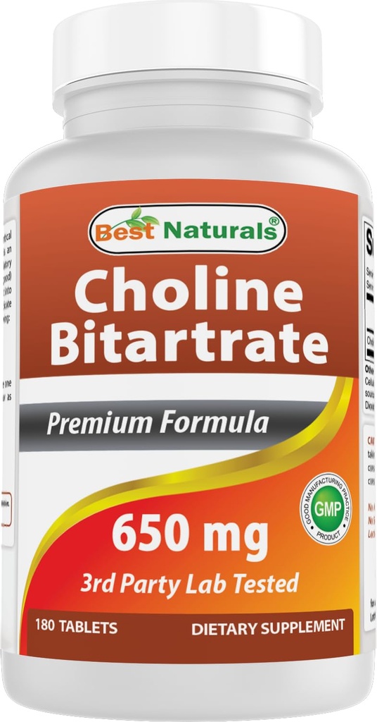 Bästa Naturals Choline Bitartrate 650 mg (Non-GMO) för hälsosam kognitiv hjärnfunktion 180 tabletter