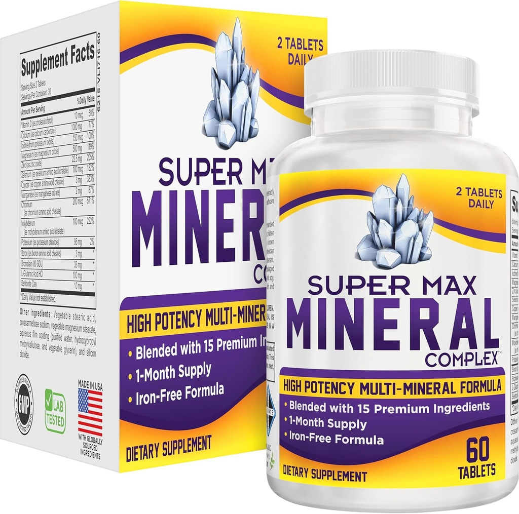 Super-MAX Multimineral Supplement (järnfri) Multimineraler | Multi Mineral Supplements (All-in-1) Minerals Formel | Mineral Complex | 1-månaders Supply | 60 tabletter