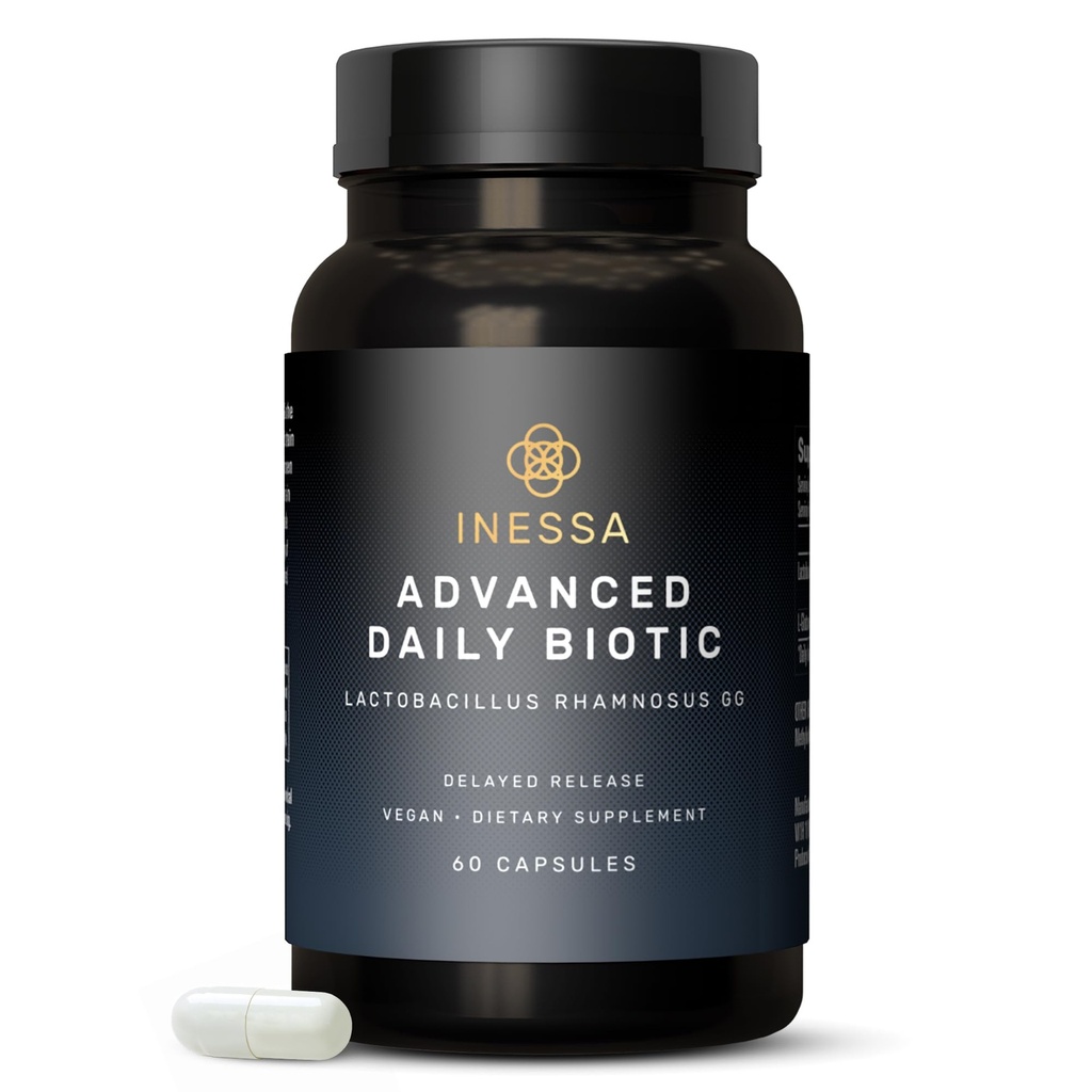 Inessa Daily Biotic - Probiotika för kvinnor Digestive Health med försenad frisättningsteknik - Avancerad probiotikum med 10 miljarder CFU - Lactobacillus Rhamnosus Strain 60 Vegan kapslar för män och kvinnor